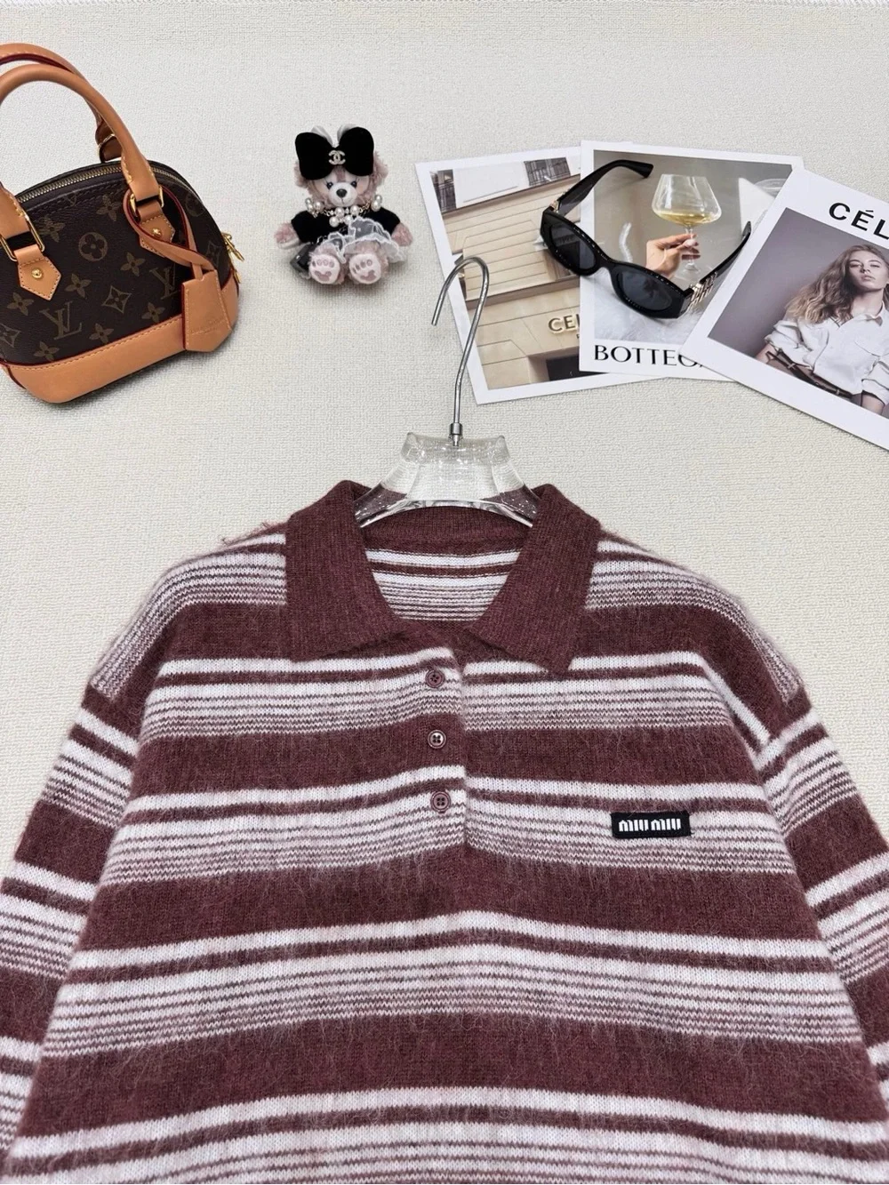 Miu Miu Burgundy and White Striped Polo-Neck Sweater